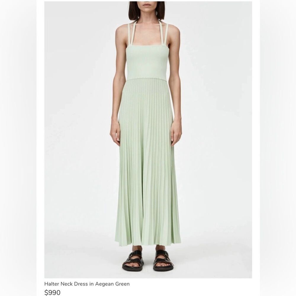 Maria McManus Halter Neck knit Dress in Aegean Green quiet luxury